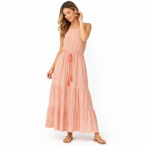 Honey Punch Peach Stripe Tiered Maxi Dress Small Coastal Cottagecore
